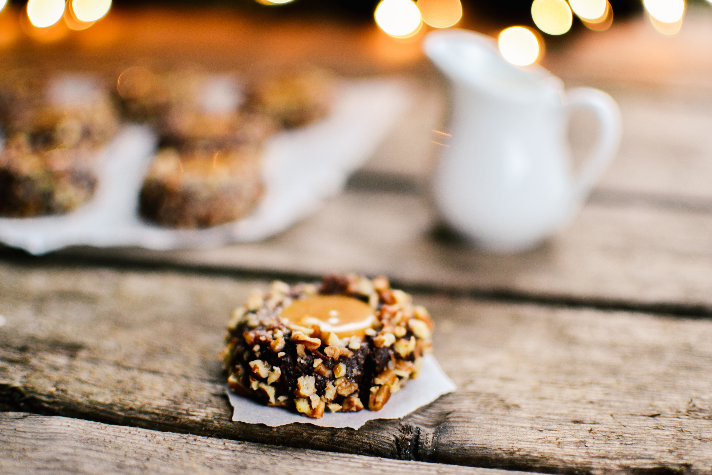 chocolate pecan caramel thumbprint cookies