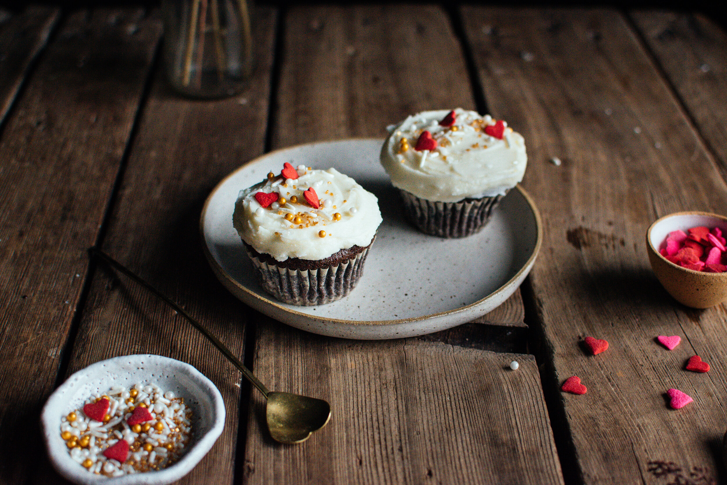 chocolate cupcakes for two (small batch) with vanilla frosting